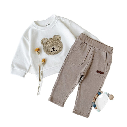 White long-sleeve baby hoodie with a brown bear print and matching ribbed beige sweatpants set. - Image 5