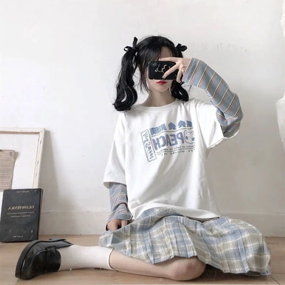 Camiseta Vintage Japonesa Falso Dos Piezas Manga Larga - Image 9