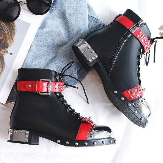 Botas Cortas de Tacón Bajo con Remaches Estilo Motociclista