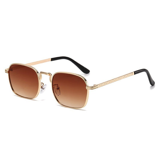 Gold frame square-oval sunglasses with gradient black and grey lenses and black temple tips on a white background. - Image 6