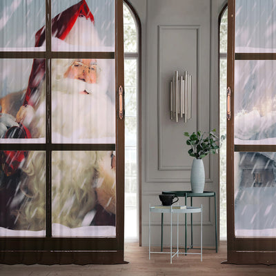 Pair of Christmas curtains with a 3D digital print of a snowy winter window scene, frosted trees, and snowflakes. - Image 31