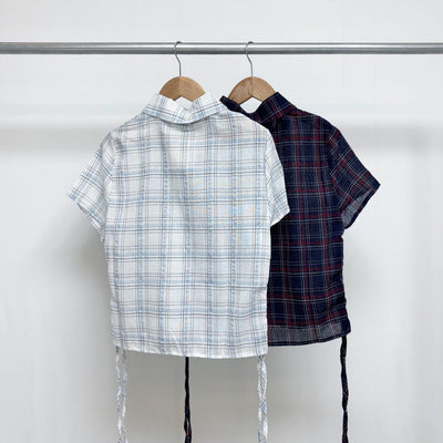 Camisa Cuadrille Retro con Pliegues Elegantes y Manga Corta - Image 10
