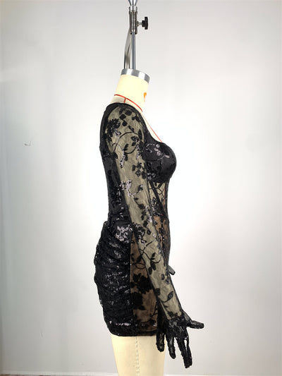 Vestido Ajustado Mini con Cuello Cuadrado y Encaje Espina de Pescado Negro - Image 8