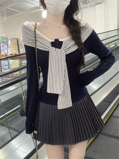 Blusa Rayas con Cordones y Encaje Manga Larga para Mujer - Image 4