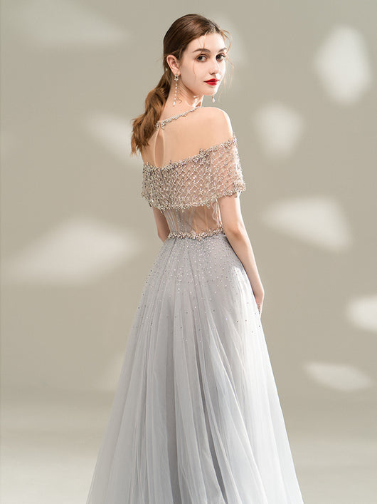 Vestido de Noche Gris Largo Elegancia y Temperamento - Image 5