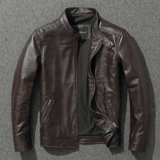 Chaqueta de Cuero Genuino Estilo Retro con Cuello Mao para Hombre - Image 4