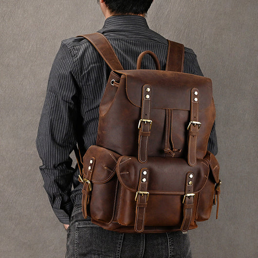 Mochila de Viaje Cuero Crazy Horse Capacidad Jumbo con Solapa Frontal