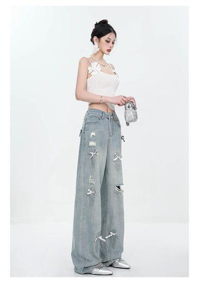 Jeans Rectos Retro con Lazada y Rotos para Mujer - Image 5