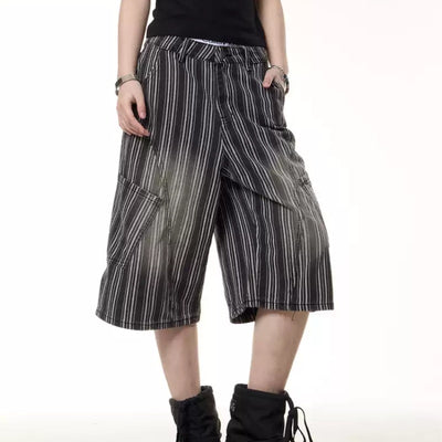 Pantalones Cropped de Pierna Ancha con Rayas Vintage Desgastadas para Mujer - Image 2