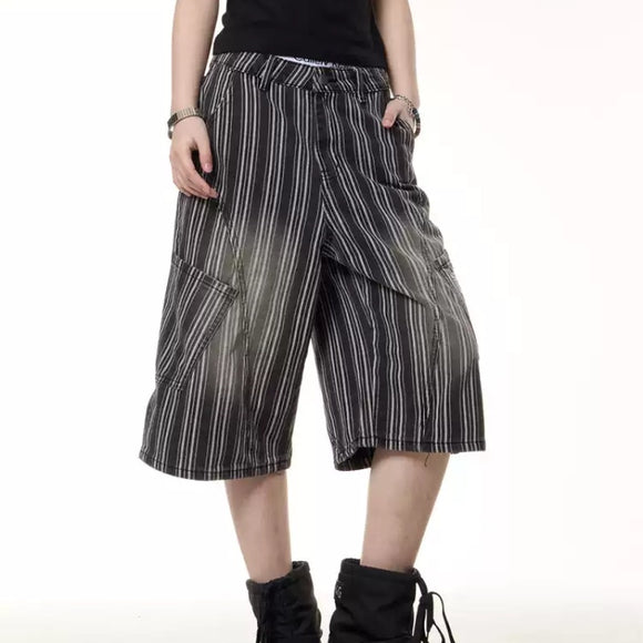 Pantalones Cropped de Pierna Ancha con Rayas Vintage Desgastadas para Mujer