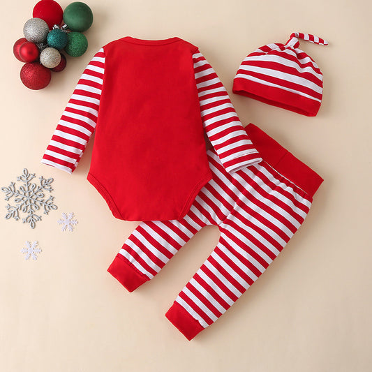 Conjunto de Tres Piezas Navideño a Rayas con Gorro para Bebé - Image 2