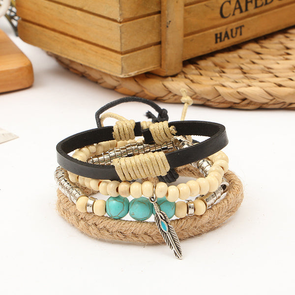 Pulsera de Cuero Auténtico Tejida con Cuentas - Estilo Étnico Retro