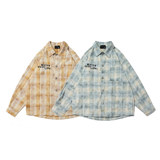 Camisa Cuadriculada Retro Americana con Bordado de Alfabeto