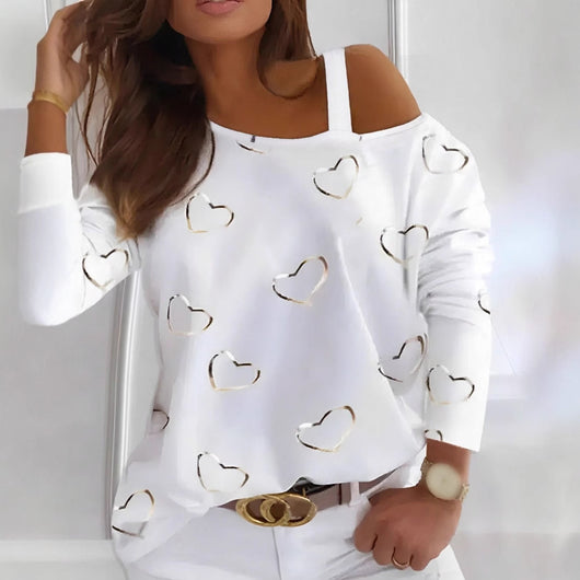 Blusa Strapless Sexy con Estampado de Corazones y Mangas Largas
