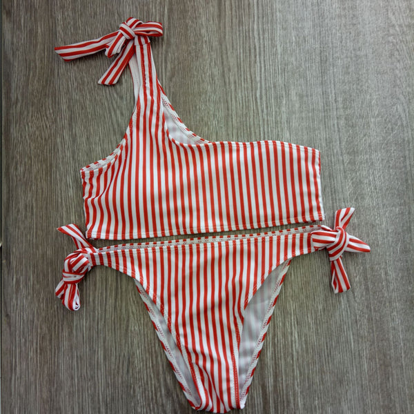 Bikini Asimétrico con Encaje y Rayas Multicolor para Mujer