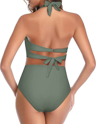 Bright yellow two-piece bikini with a halter neck top featuring a twisted bow and high-waisted ruched bottoms. - Image 26