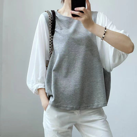 Blusa Suelta de Cuello Redondo con Bloques de Color - Estilo Japonés y Coreano - Image 6