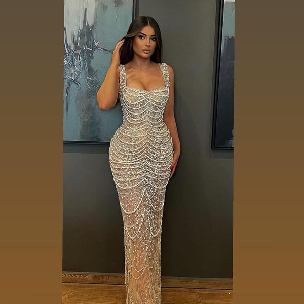 Vestido Sling de Lujo con Perlas - Elegancia Nude Premium