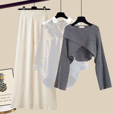 Conjunto de 3 Piezas: Suéter Tejido, Camisa y Pantalón Ancho - Image 8
