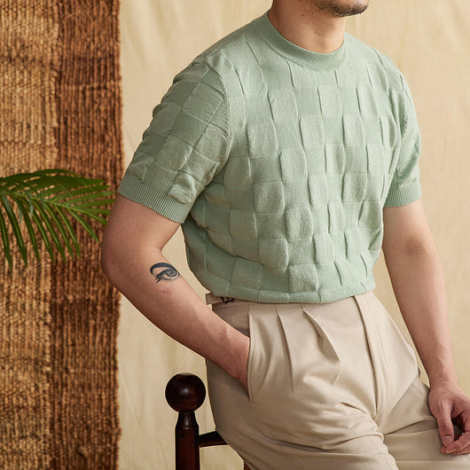 Camiseta Hombre Verano Algodón Ramio Cuello Redondo Estampado Cuadros - Image 8