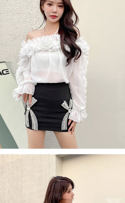Blusa Chiffon Hombros Descubiertos Manga Larga - Image 10