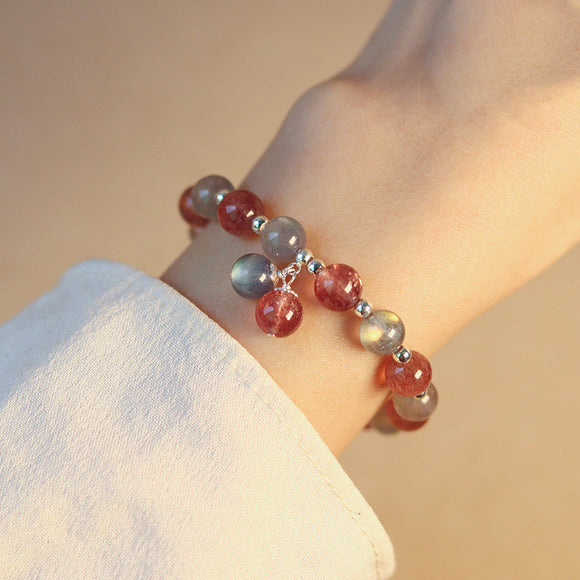 Pulsera de Piedra de Luna Gris Natural con Cristal de Fresa