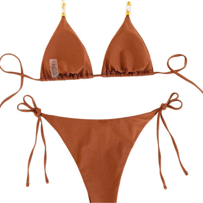 Solid brown two-piece bikini with triangle top and tie-side bottoms, featuring decorative beads on the top straps. - Image 5