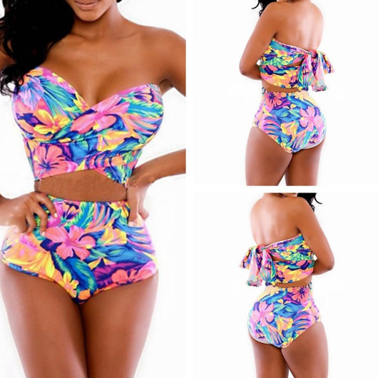 Colorful tropical floral print two-piece swimsuit with a strapless sweetheart top and high-waisted bottoms.