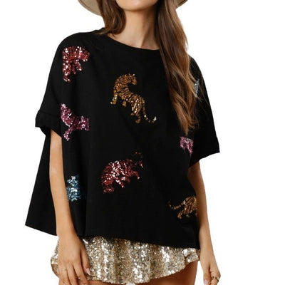 Blusa Tigre con Lentejuelas - Camiseta Holgada y Casual - Image 5
