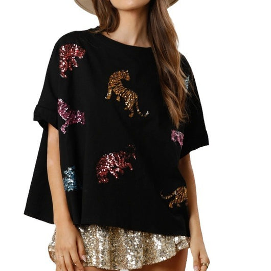 Blusa Tigre con Lentejuelas - Camiseta Holgada y Casual - Image 5