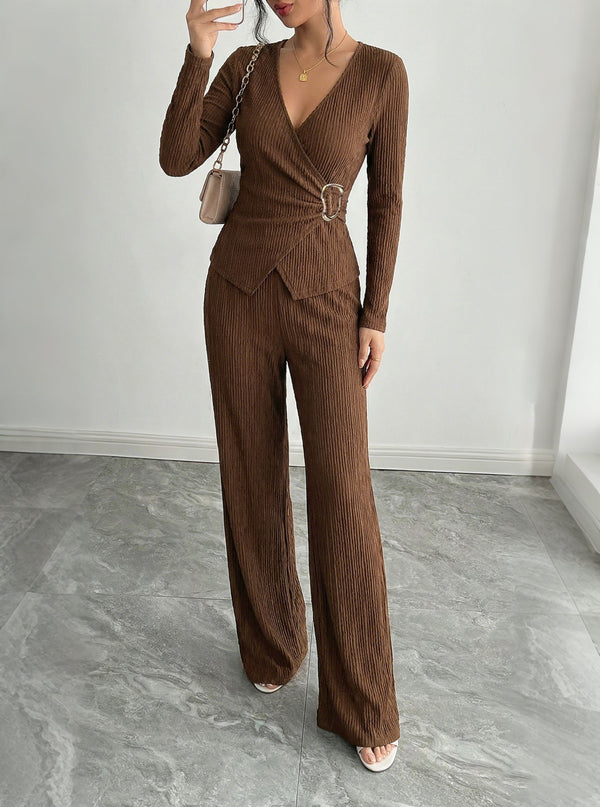 Conjunto de Pantalón y Blusa Cruzada de Manga Larga en Color Sólido para Mujer - Image 6