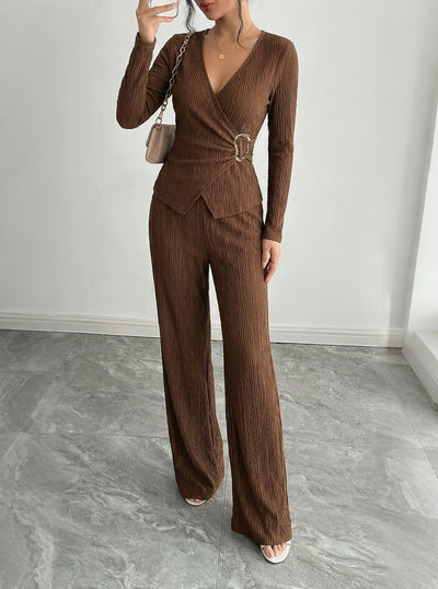 Conjunto de Pantalón y Blusa Cruzada de Manga Larga en Color Sólido para Mujer - Image 6