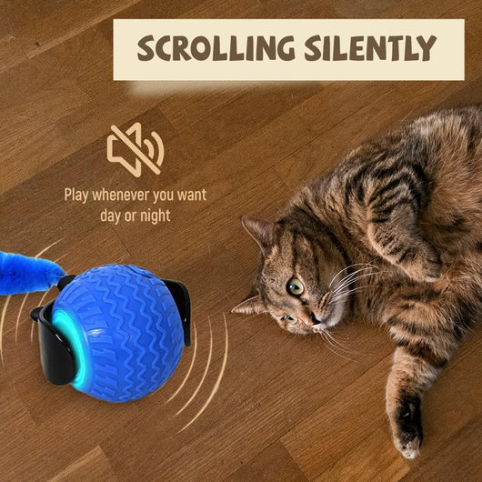 Interactive blue pet ball toy with a fuzzy worm attachment, captivating a brown dog and a tabby cat. - Image 5
