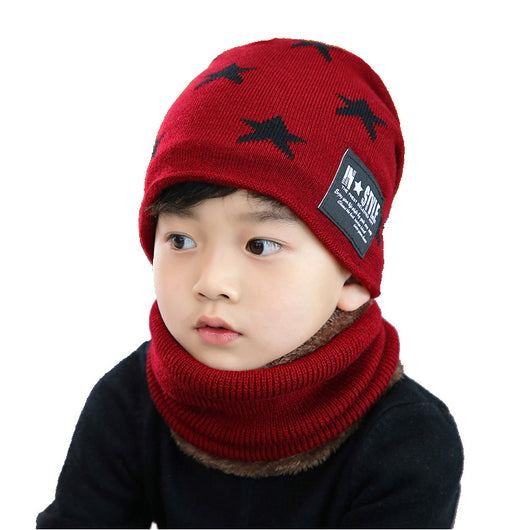 Brown knitted beanie with white five-pointed stars and a matching fleece-lined neck warmer on a man. - Image 24