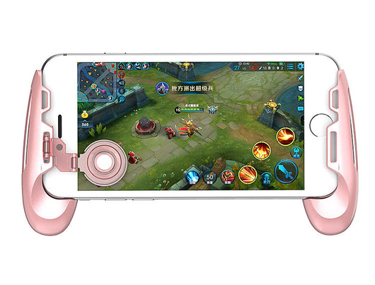 Rose gold mobile gaming controller with a joystick and trigger buttons, holding a smartphone displaying a game. - Image 4