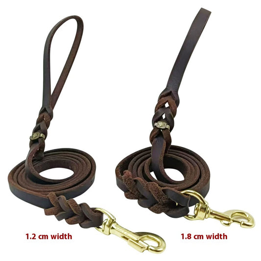 Dark brown braided leather dog leash with a gold-tone swivel snap hook, coiled on a white background. - Image 2