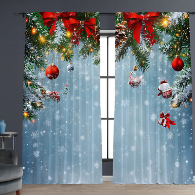 Pair of Christmas curtains with a 3D digital print of a snowy winter window scene, frosted trees, and snowflakes. - Image 7