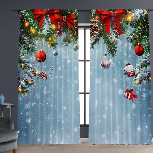Pair of Christmas curtains with a 3D digital print of a snowy winter window scene, frosted trees, and snowflakes. - Image 7