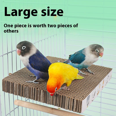 Three colorful lovebirds on a rectangular corrugated cardboard platform with screws, attached to a white bird cage. - Image 4