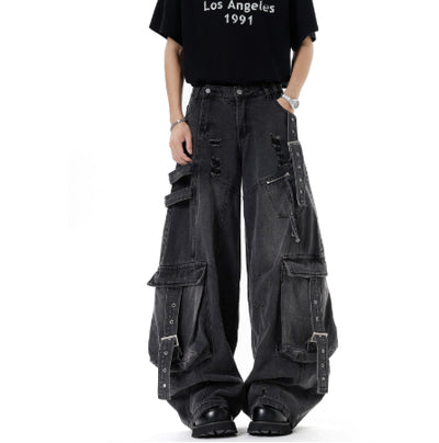 Pantalones Cargo Denim Deconstruidos Estilo Americano Unisex - Image 9
