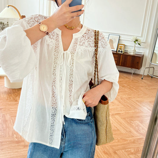 Blusa Blanca de Manga Larga Estilo Francés para Mujer