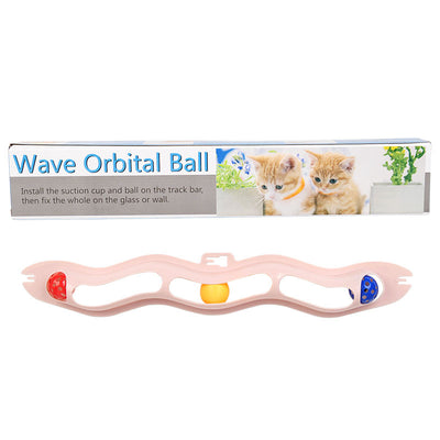 Light blue wavy pet track toy with red, yellow, and blue balls, shown with its packaging featuring two kittens. - Image 8
