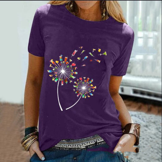 Camiseta Mujer Cuello Redondo Manga Corta Estampado Diente de León Vino - Image 7