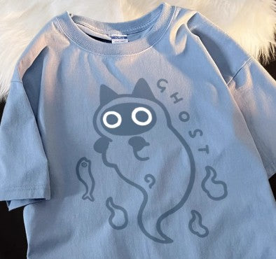 Camiseta de Algodón Puro Holgada con Diseño Fantasma Gato Transparente - Image 5