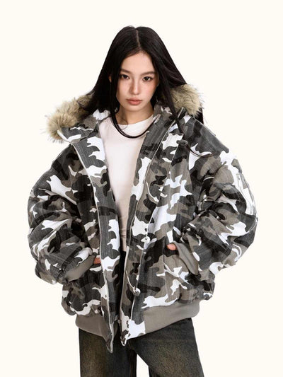 Chaqueta Acolchada de Algodón con Cuello de Pelaje y Diseño Camuflaje Retro - Image 2