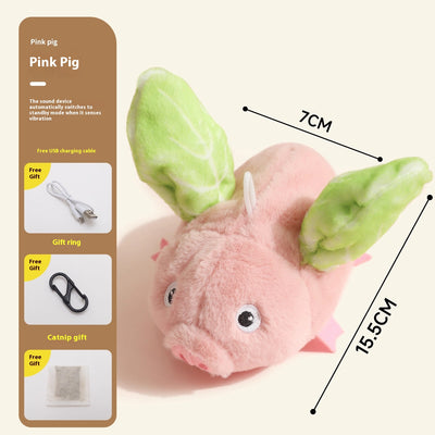 Pink plush pig cat toy with green wings, featuring sound and vibration, 15.5cm long, with USB charging. - Image 6