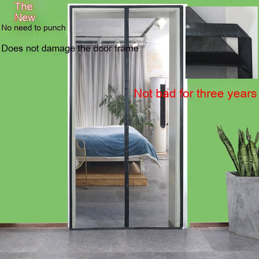 Black fiberglass mosquito-proof screen door mesh with magnetic closure, shown installed in a doorway and with close-ups of its features. - Image 5