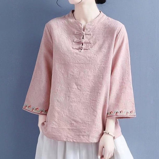 Blusa Artesanal de Algodón y Lino con Mangas Acampanadas y Bordado Jacquard - Image 7
