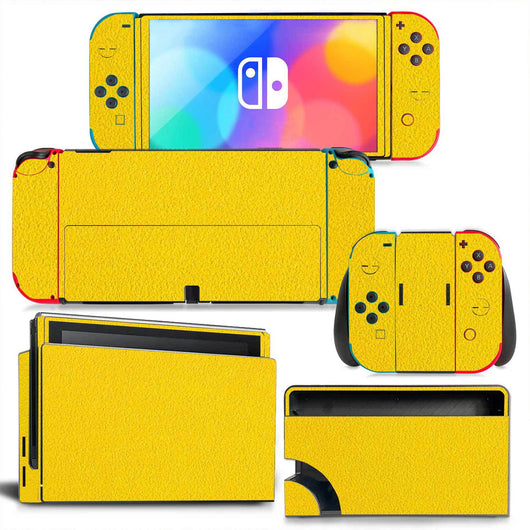 Yellow textured vinyl skin set for Nintendo Switch OLED console, Joy-Cons, and dock, shown disassembled. - Image 7