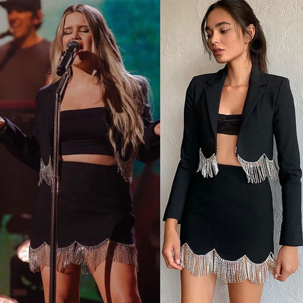 Blazer Negro para Mujer con Cadena de Diamantes y Borlas de Lujo
